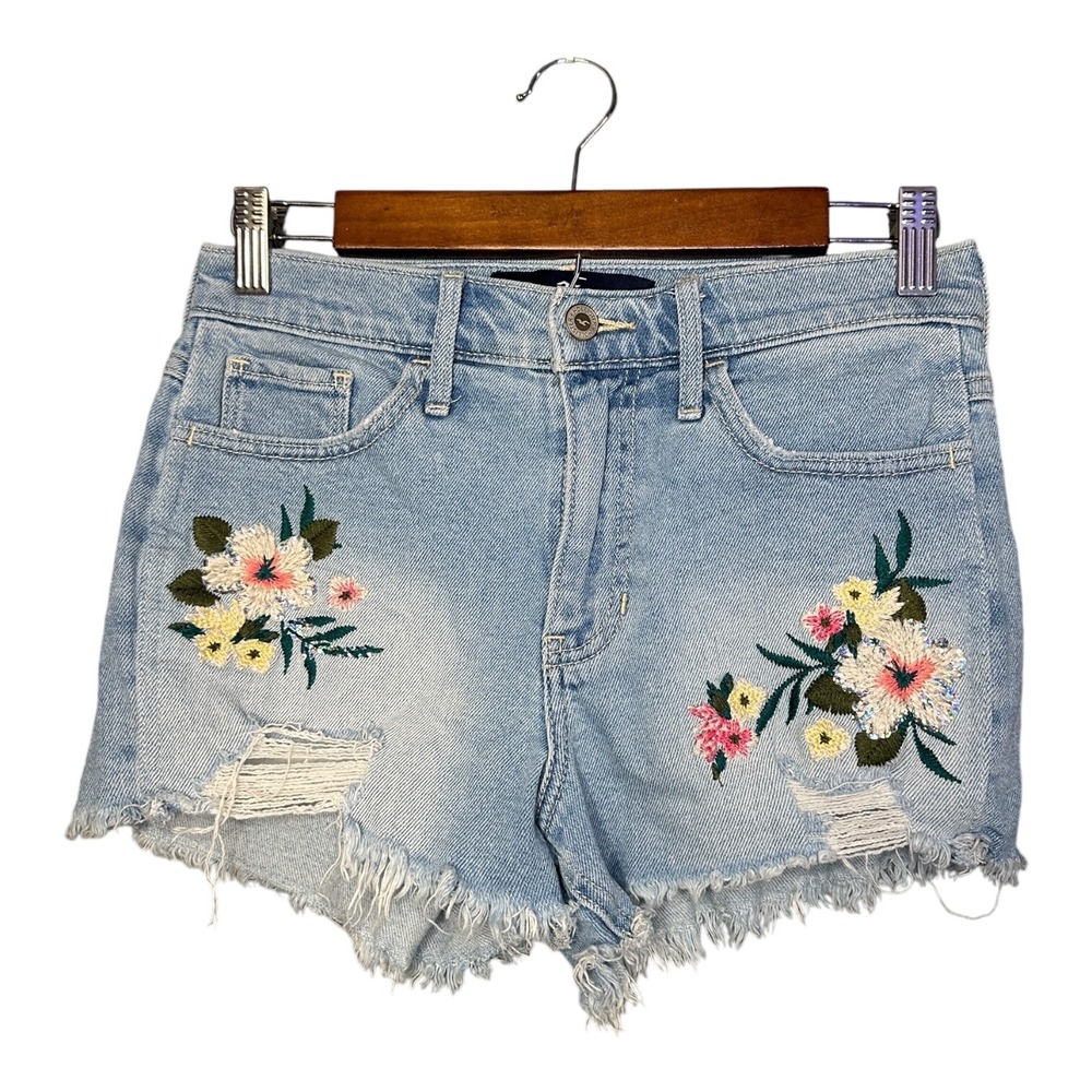 Hollister Floral Embroidered Sequin Shorts Juniors 3 High Rise Blue Denim